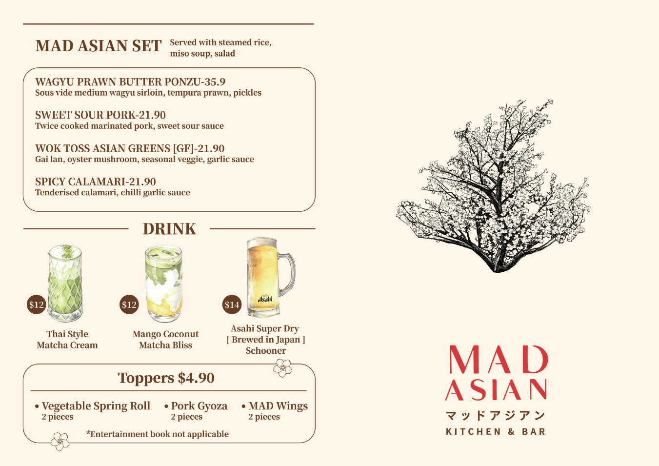 Menu of Mad Asian Kitchen & Bar featuring Asian dishes and drinks, with a black and white illustration of a tree on the right side.