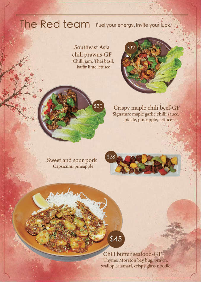 Menu from The Red Team featuring four dishes with descriptions and prices: Southeast Asia chili prawns with chili jam, Thai basil, kaffir lime lettuce ($32); Crispy maple chili beef with maple garlic chili sauce, pickle, pineapple, lettuce ($30); Sweet and sour pork with capsicum and pineapple ($28); Chili butter seafood with thyme, Moreton Bay bug, prawn, scallop, calamari, crispy glass noodle ($45).