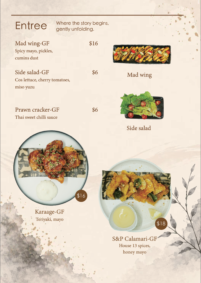Menu featuring Japanese dishes, including spicy wings, side salad, prawn crackers, karaage chicken, and calamari, with prices and brief descriptions.