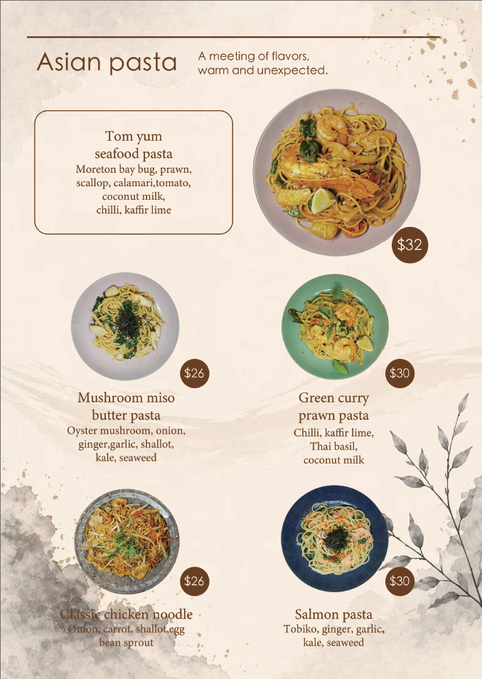 Image of a restaurant menu featuring Asian pasta dishes, including Tom Yum seafood pasta, Mushroom miso butter pasta, Green curry prawn pasta, Classic chicken noodle, and Salmon pasta, with prices ranging from $26 to $32.