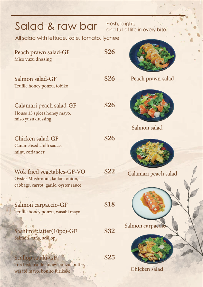 Menu showing various salads and raw bar options with prices and descriptions, including peach prawn salad, salmon salad, calamari peach salad, chicken salad, wok fried vegetables, salmon carpaccio, sashimi platter, and scallop tataki, each accompanied by a photo.