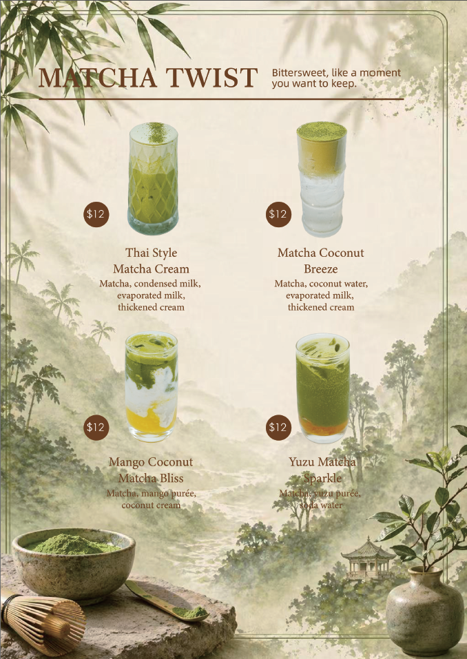 Menu of matcha drinks with a nature-themed background featuring trees and a pagoda. The options include Thai Style Matcha Cream, Matcha Coconut Breeze, Mango Coconut Matcha Bliss, and Yuzu Matcha Sparkle, each priced at $12.