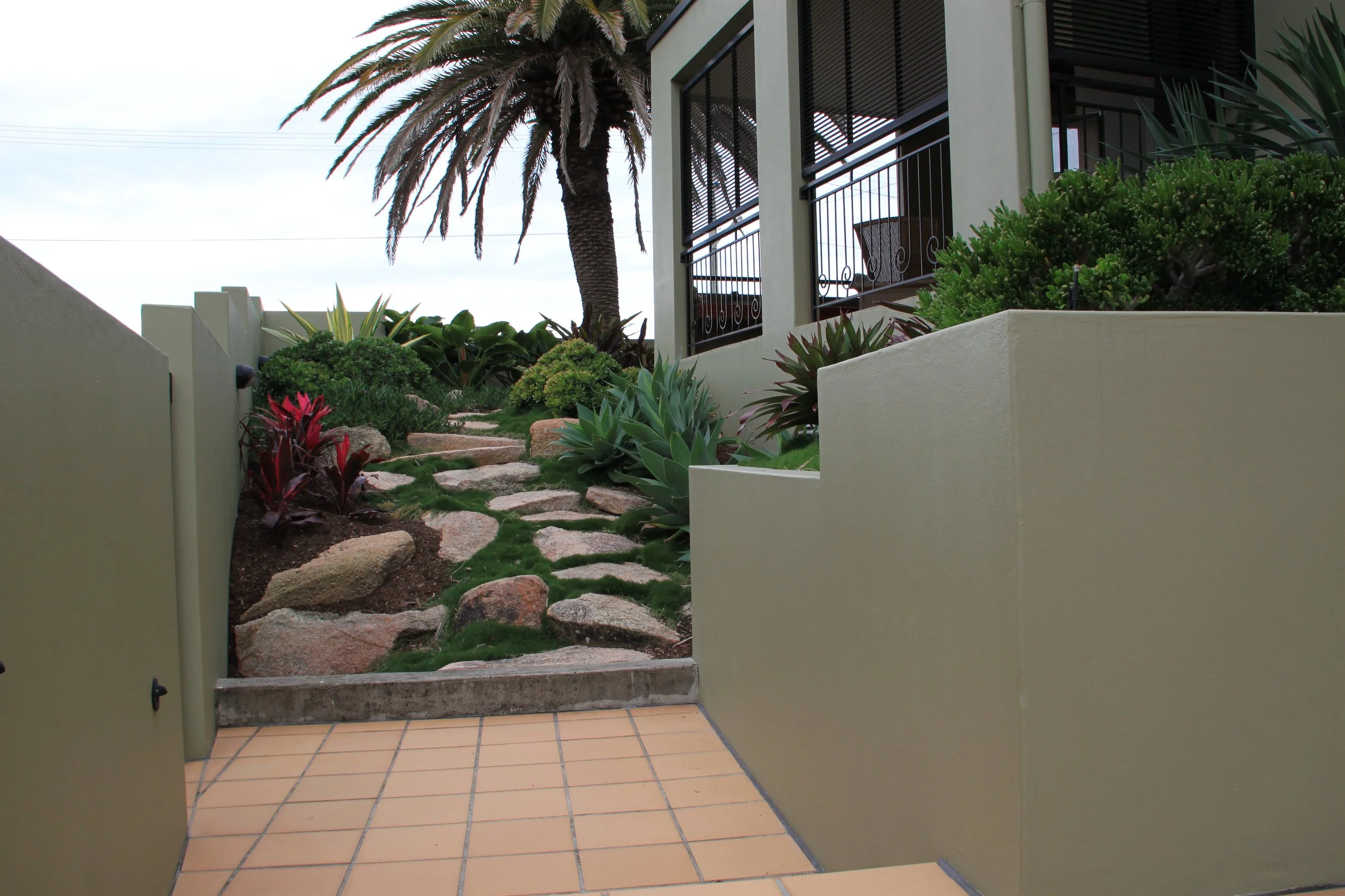 Landscape design with stone path and tropical plants near a house.