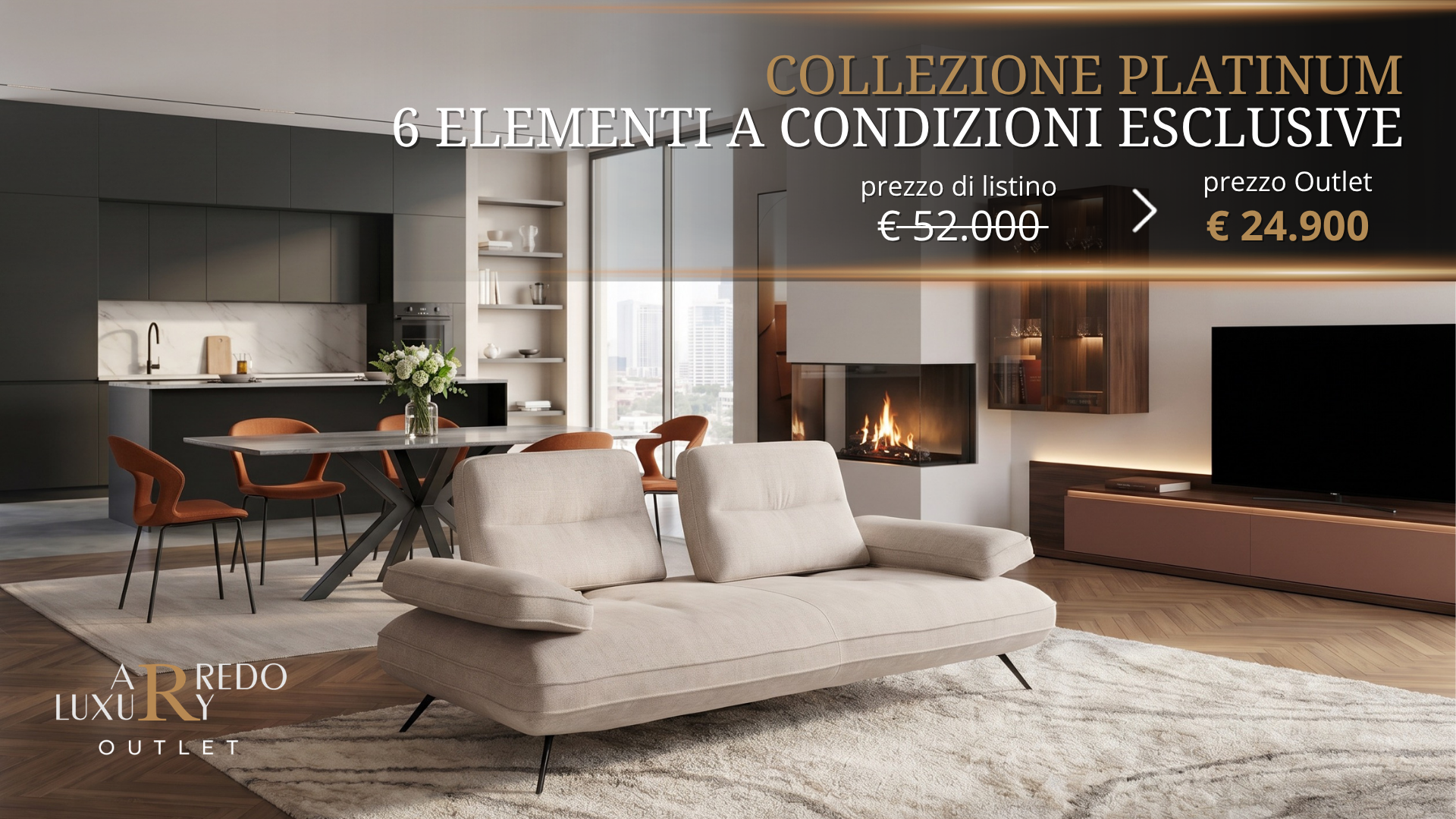 Interno di una moderna casa con soggiorno e cucina a vista, divano beige, camino acceso, TV, libreria e grande finestra con vista sulla città.