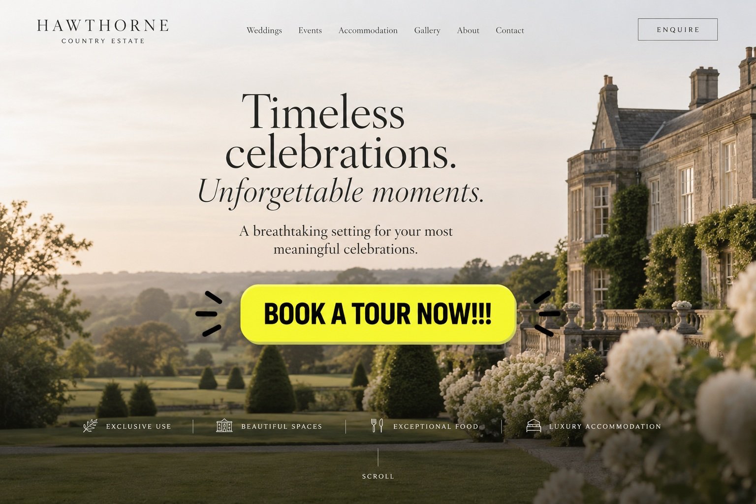 Luxury wedding venue website with an oversized bright yellow Book a Tour Now button disrupting the elegant design.