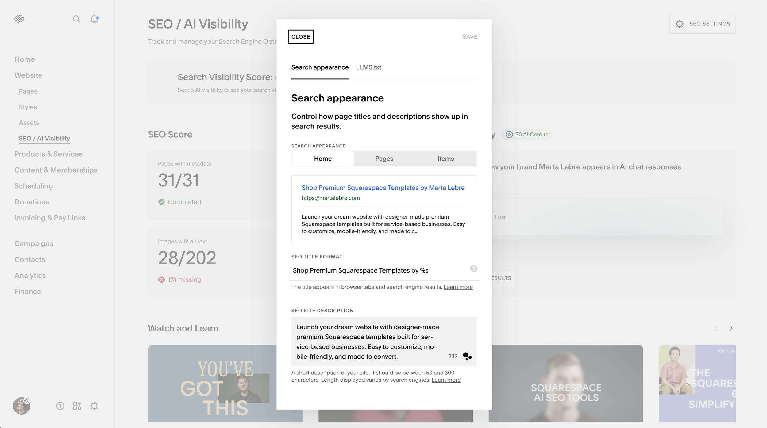 Squarespace SEO settings panel