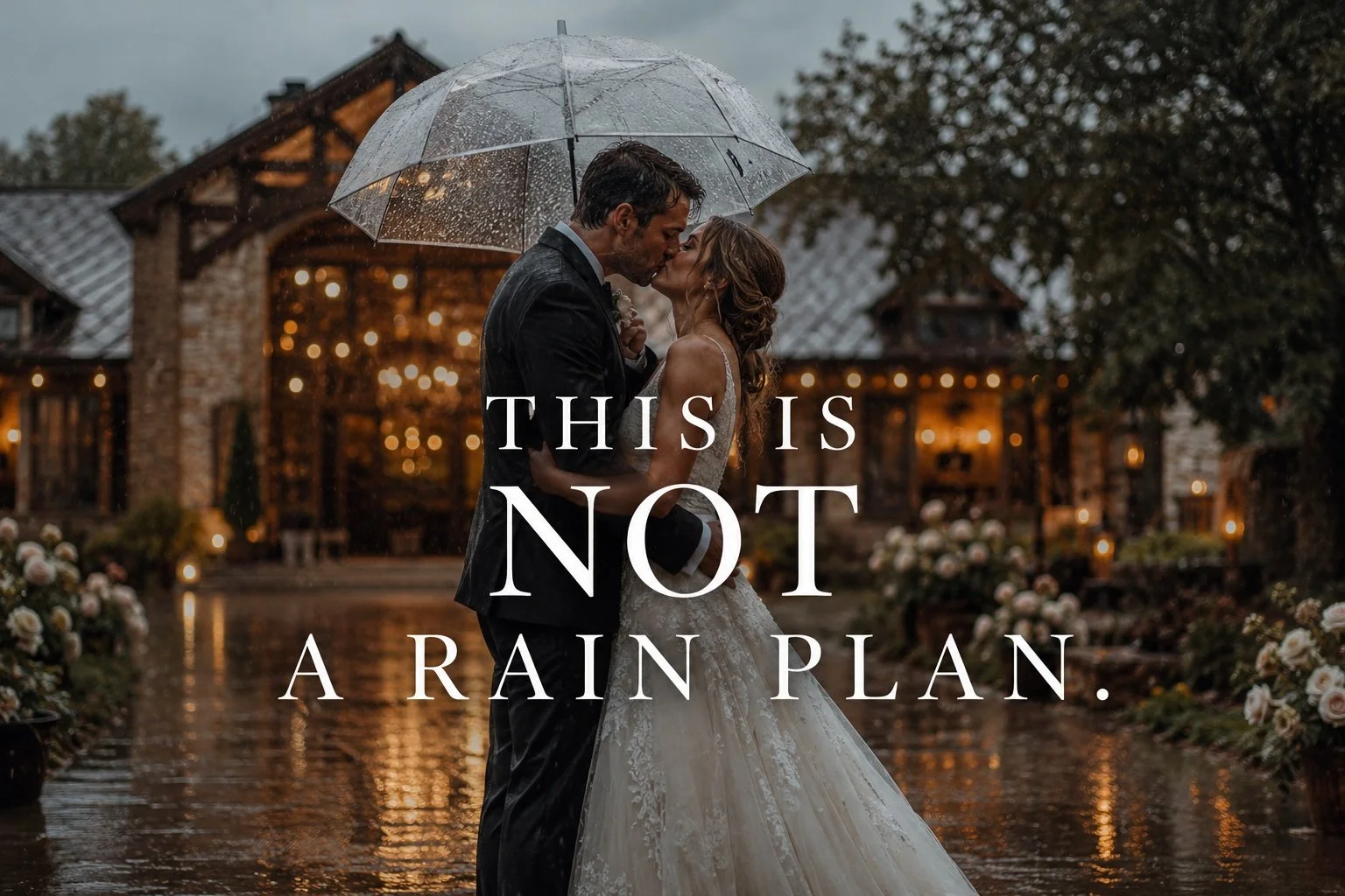 Couple kissing under an umbrella at a wedding venue illustrating why romantic rain photography is not a wedding venue rain plan
