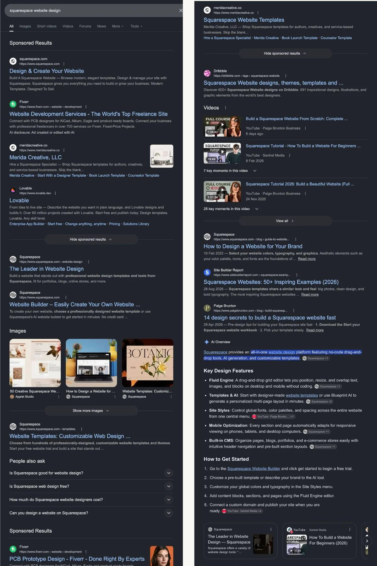 Google results for “Squarespace website design” showing multiple types of search intent