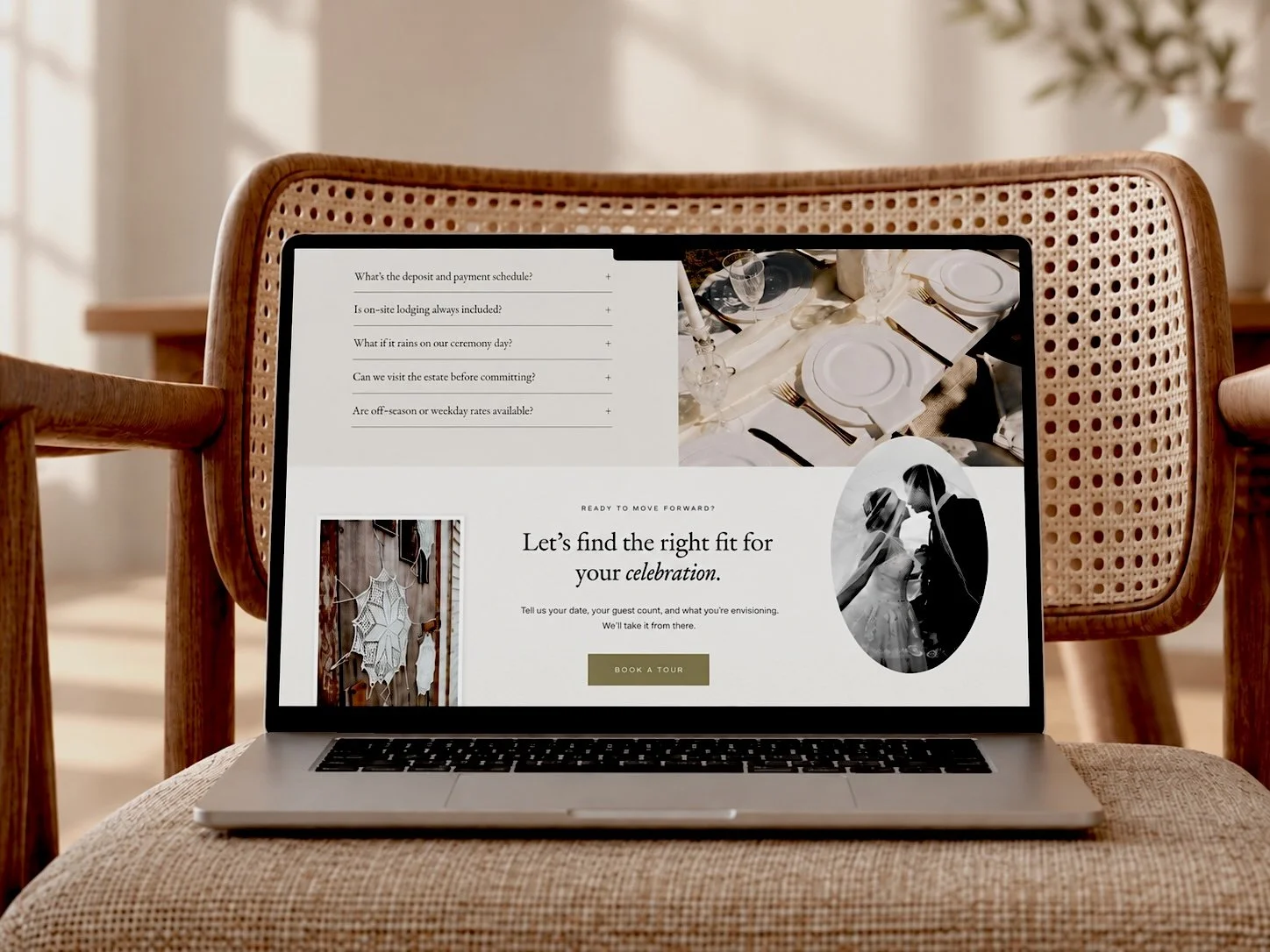 Mockup of Meadow & Timber, a Wedding Venue Website template for Squarespace