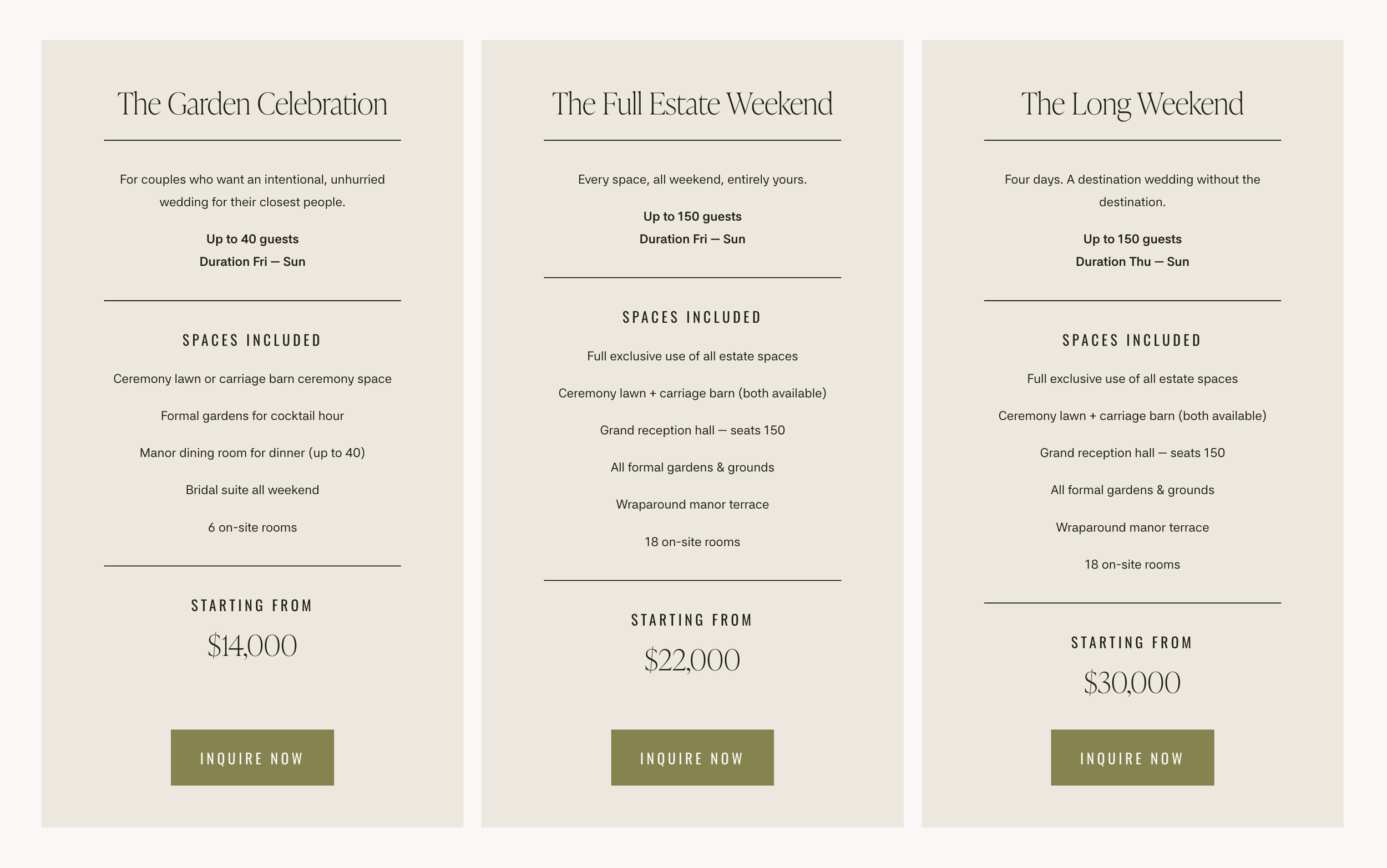 Wedding venue pricing page example showing transparent packages and pricing to help couples qualify themselves before enquiring.