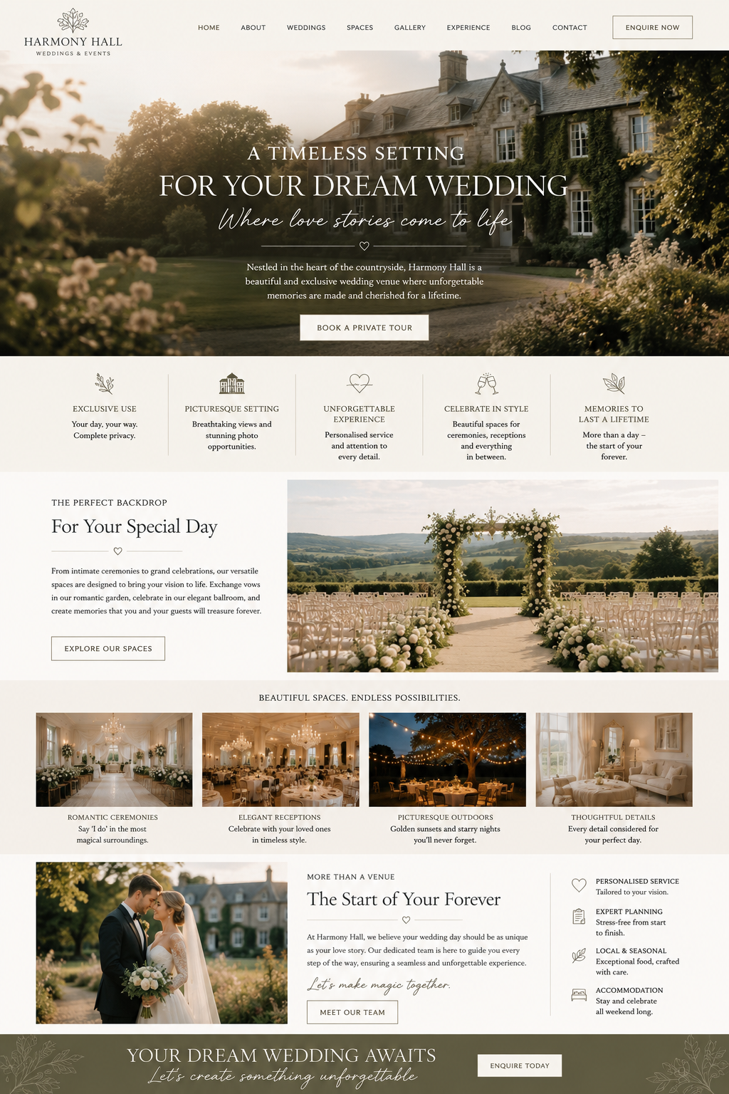 Fictional wedding venue website showing generic wedding venue marketing copy about timeless elegance, dream weddings and unforgettable celebrations.