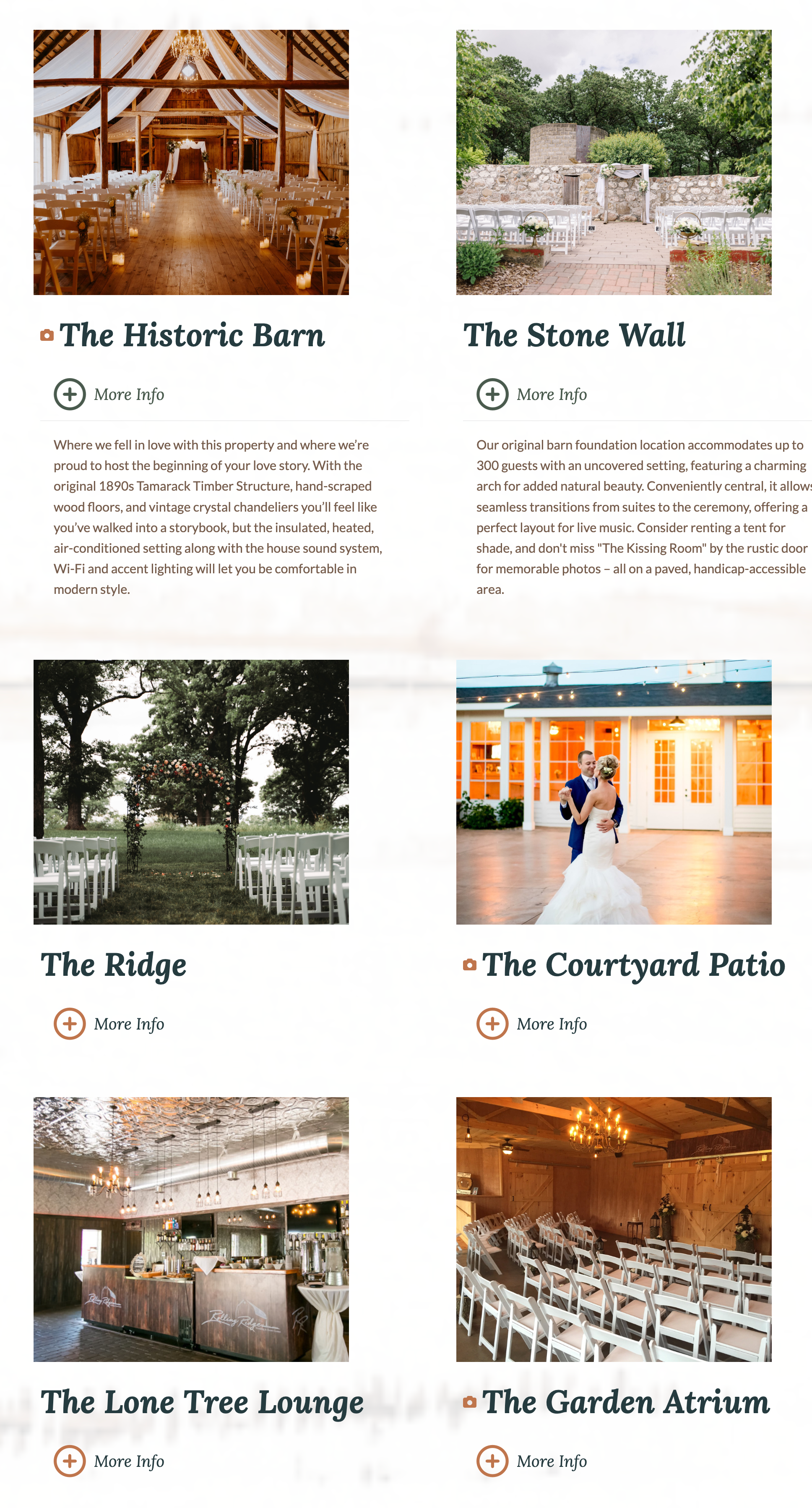 Wedding venue website design example showing separate ceremony, reception and event spaces with descriptions and photos