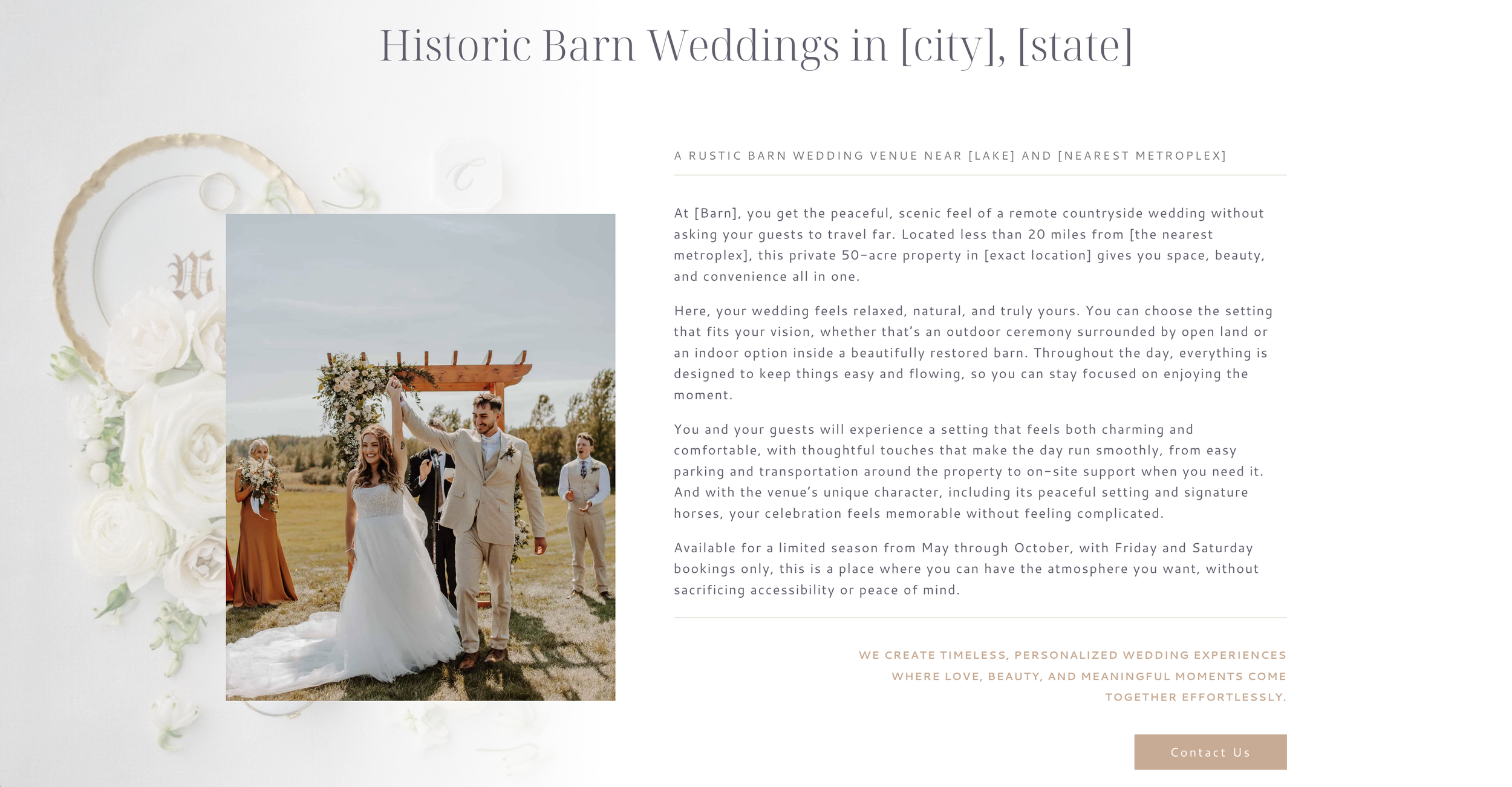 Wedding venue homepage heading identifying the business as a historic barn wedding venue in its city and state.