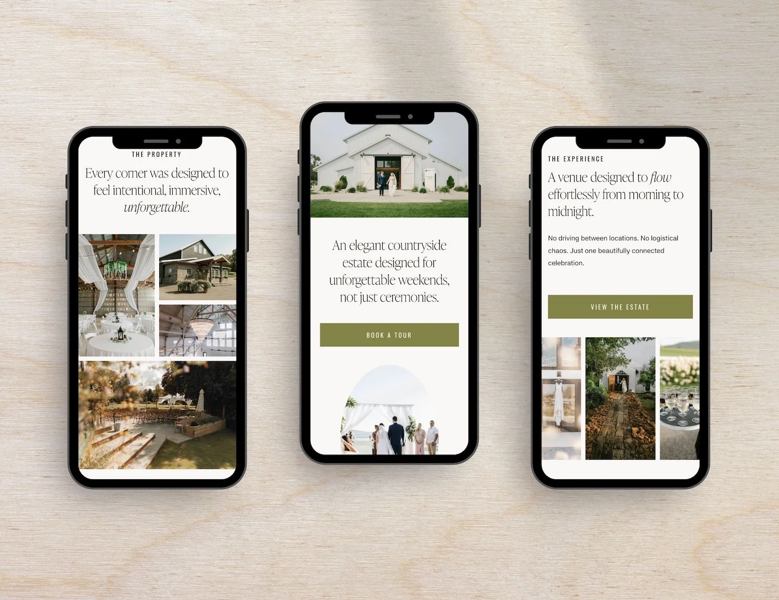 Responsive wedding venue website design shown across three mobile phone screens