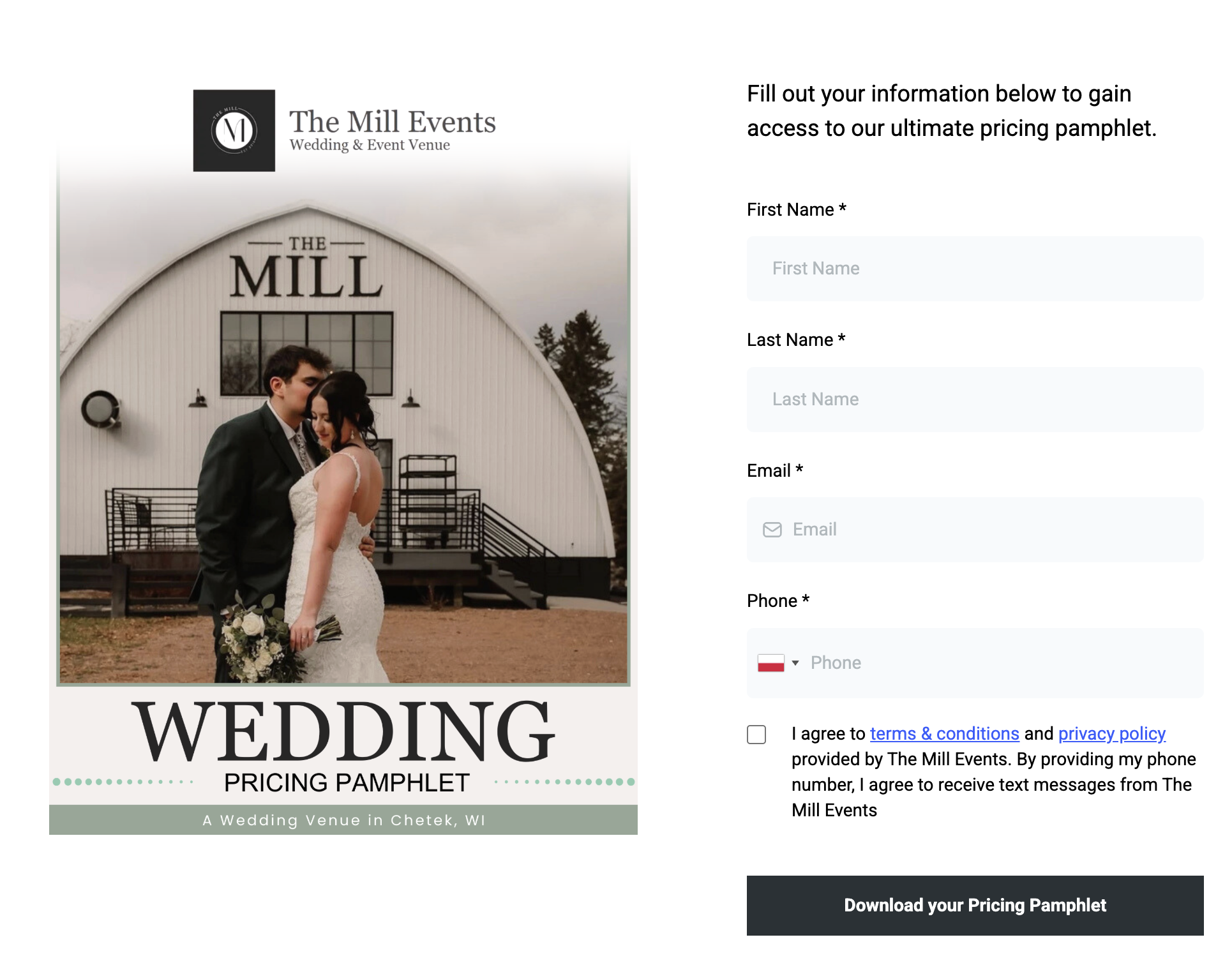 Wedding venue pricing pamphlet hidden behind a lead generation form requiring contact information