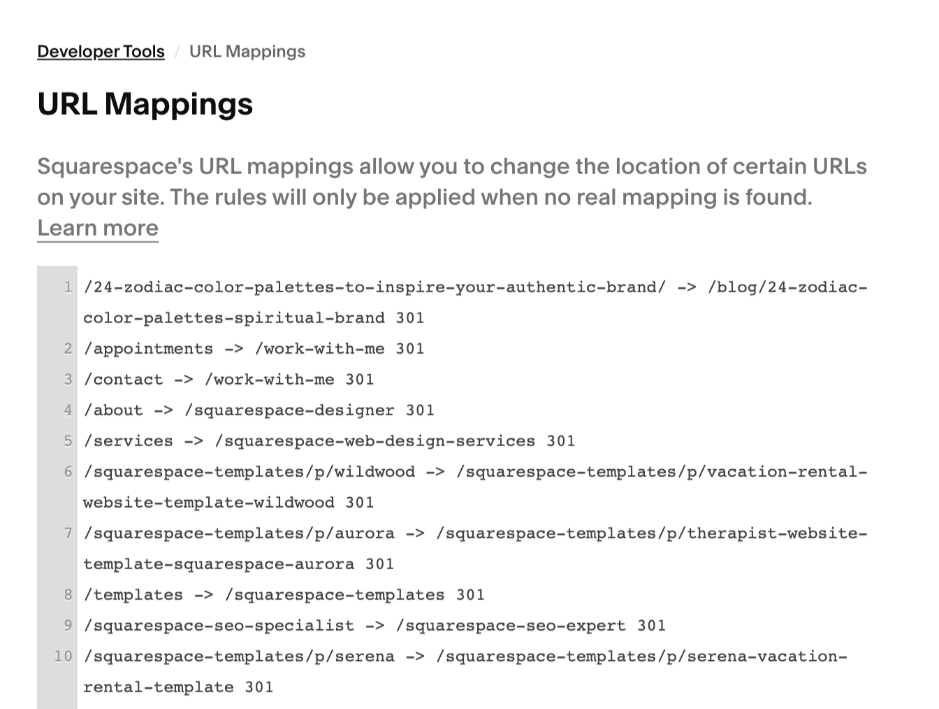 Squarespace URL Mappings showing 301 redirects from old URLs to new pages