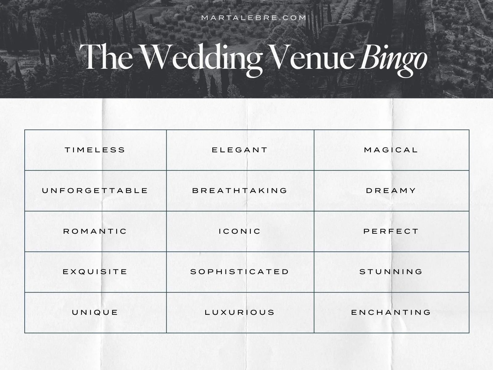Wedding venue website copy bingo featuring generic phrases like timeless, elegant, magical, unforgettable and breathtaking