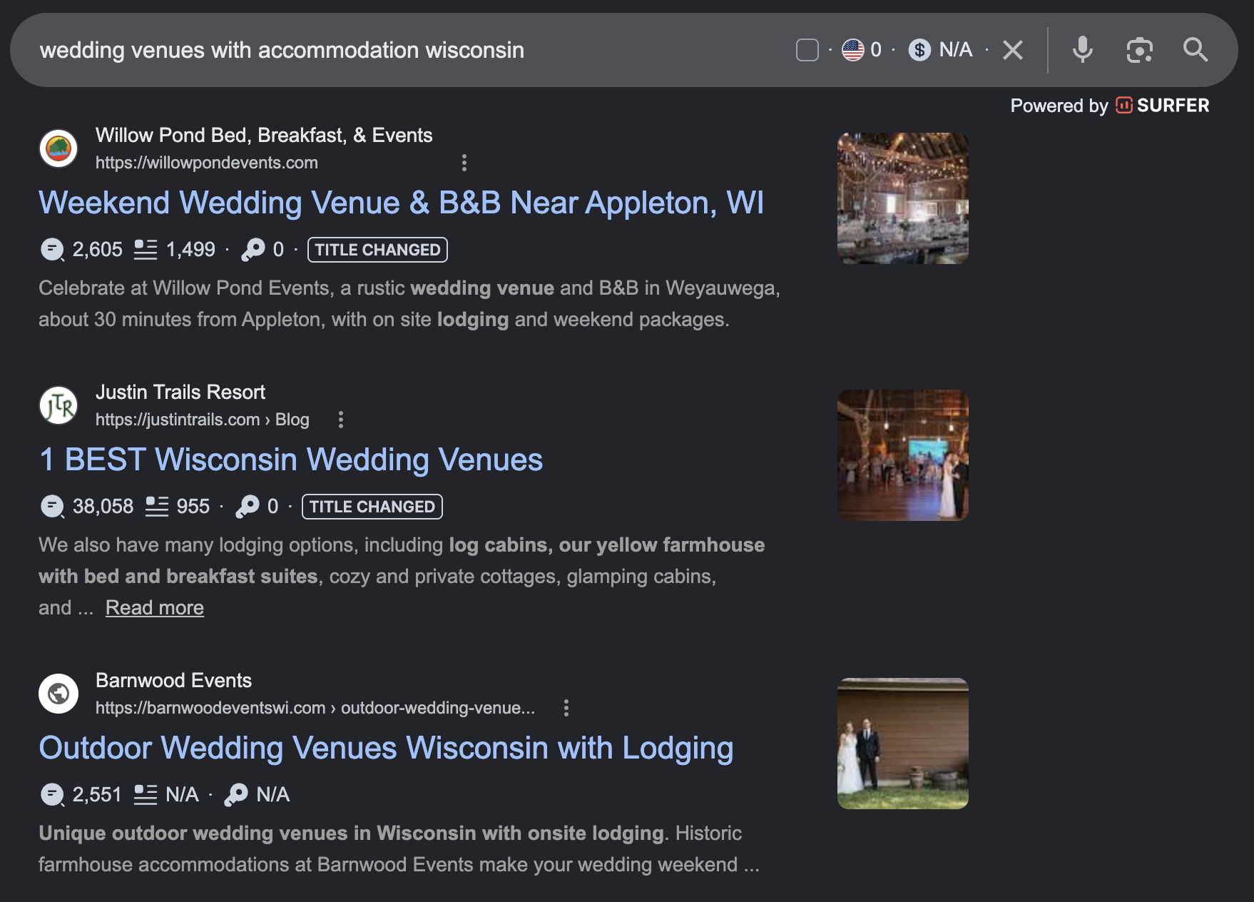Google search results for wedding venues with accommodation in Wisconsin, showing how couples search for specific wedding venue features.