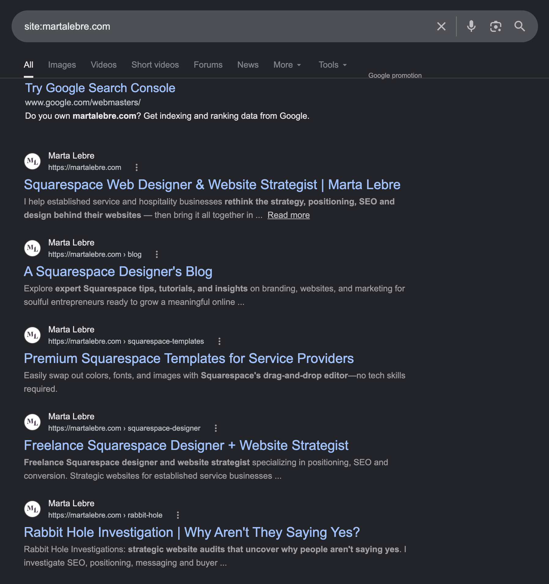 Google results for site:martalebre.com showing indexed pages from the website