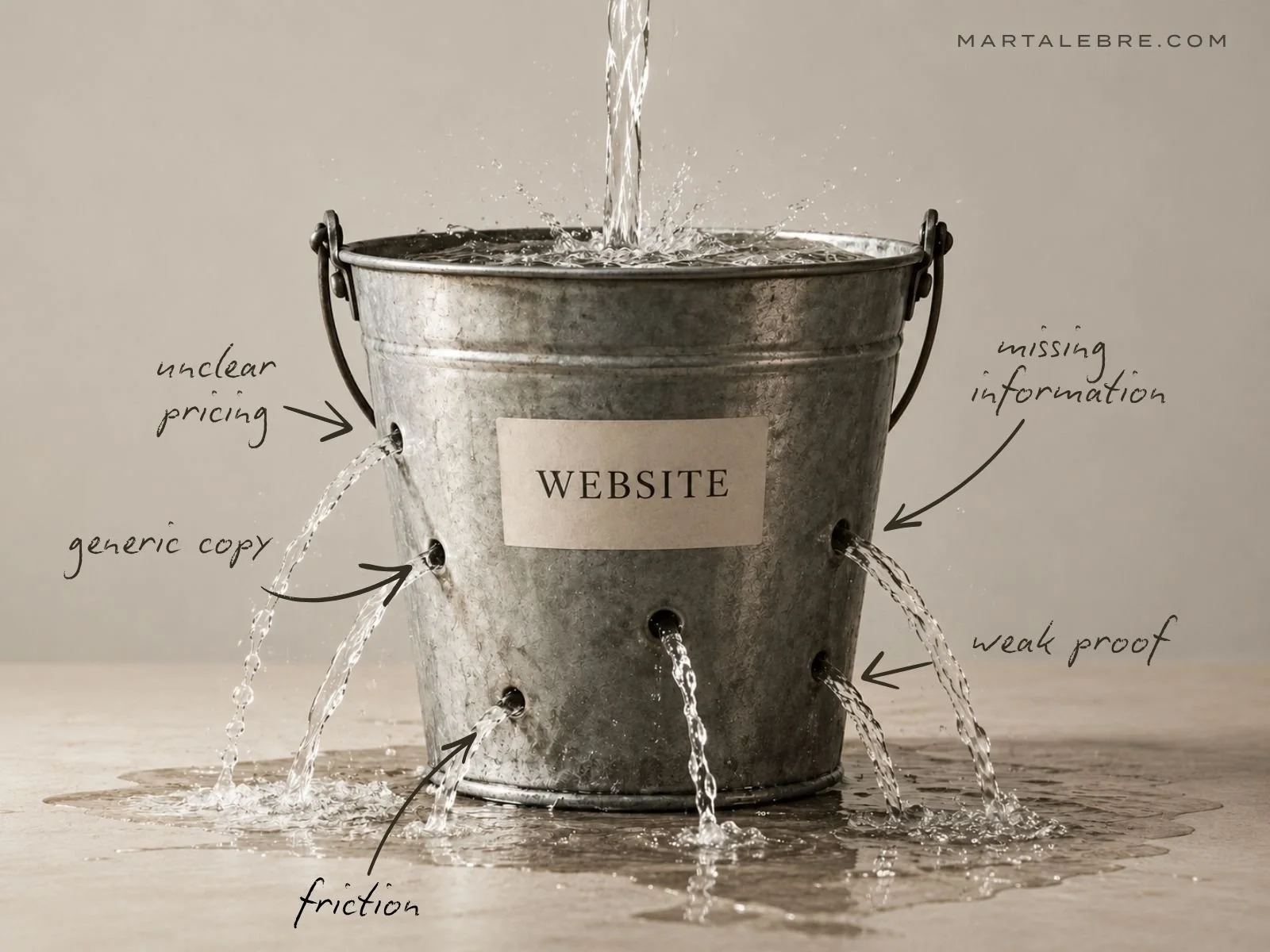 Leaking website conversion funnel showing unclear pricing, generic copy, missing information, weak proof and friction