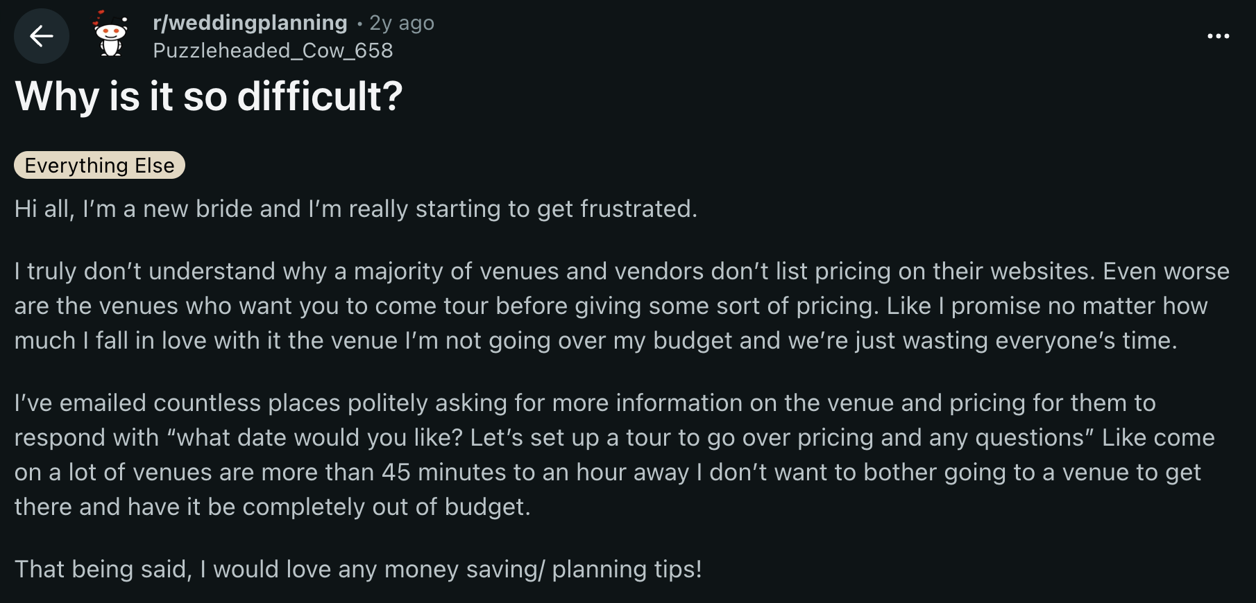 Couples discussing wedding venue pricing transparency and frustration with venues that hide prices or require an enquiry to see costs.