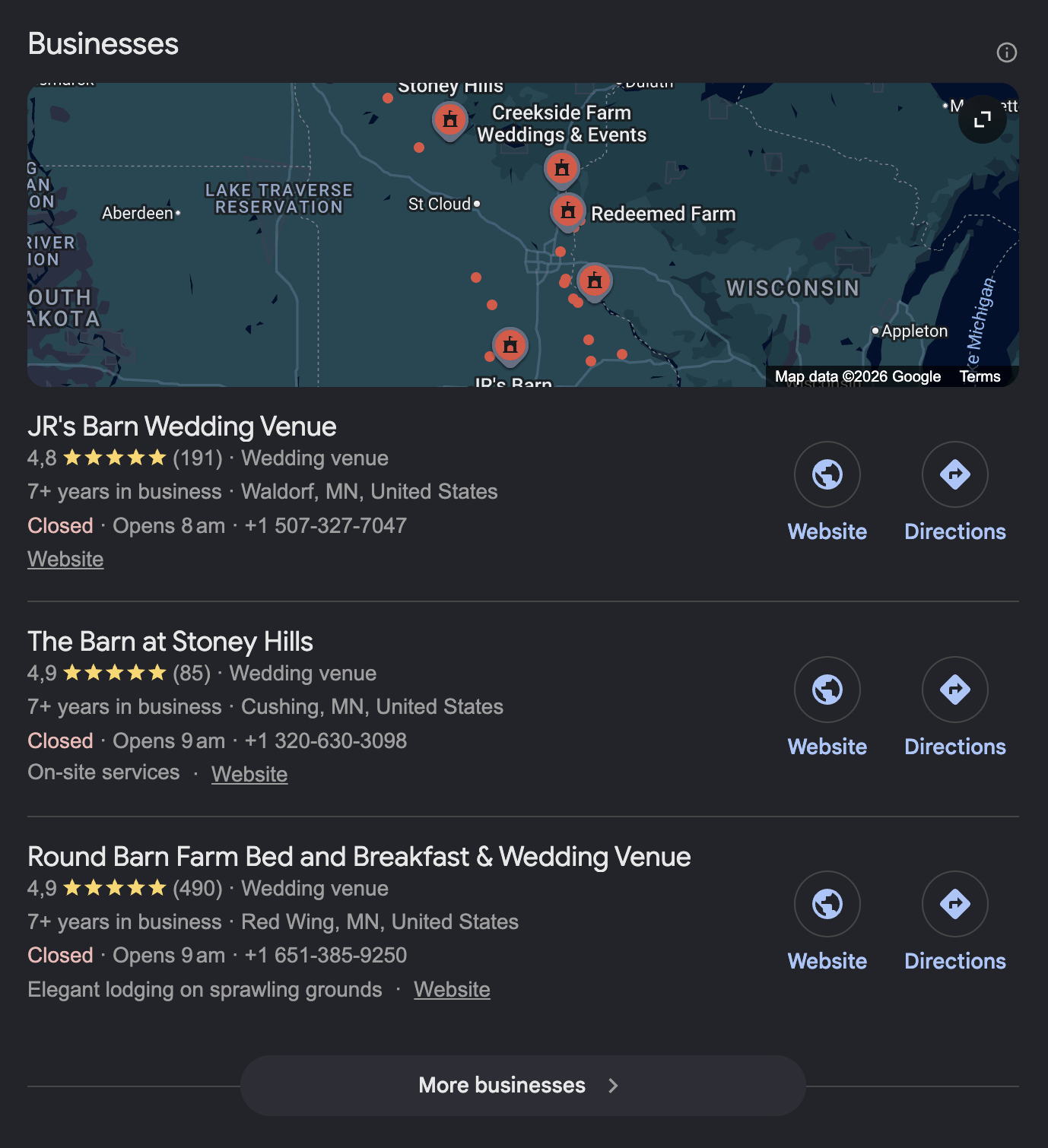 Google Maps search results for local wedding venues, demonstrating the importance of Google Business Profile in wedding venue marketing.