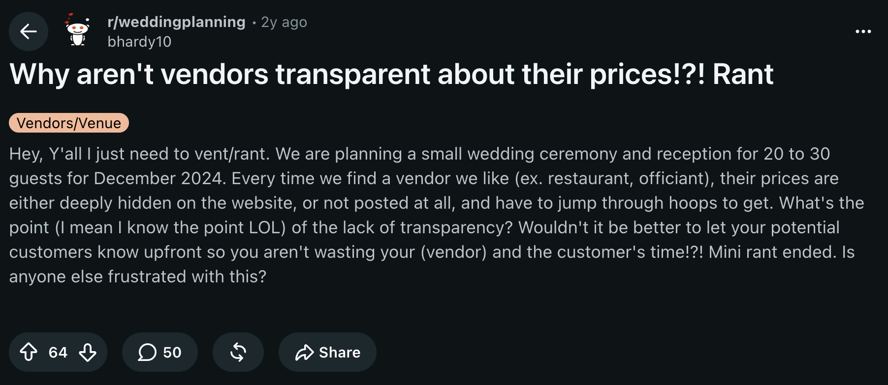 Couples discussing wedding venue pricing transparency and frustration with venues that hide prices or require an enquiry to see costs.