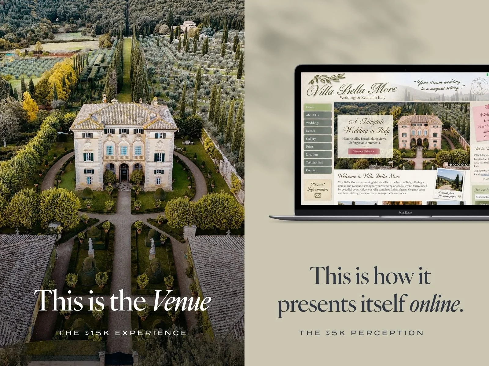 Luxury wedding venue compared with its outdated website showing a mismatch in perceived value