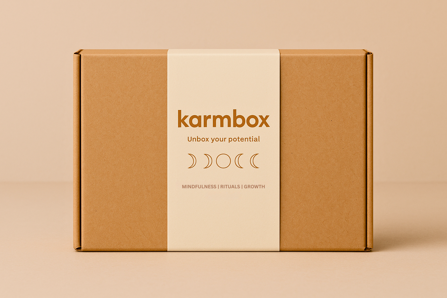 A brown cardboard box with a white label in the center that says "karmbox" and features moon phase icons, the slogan "Unbox your potential," and words "Mindfulness | Rituals | Growth".