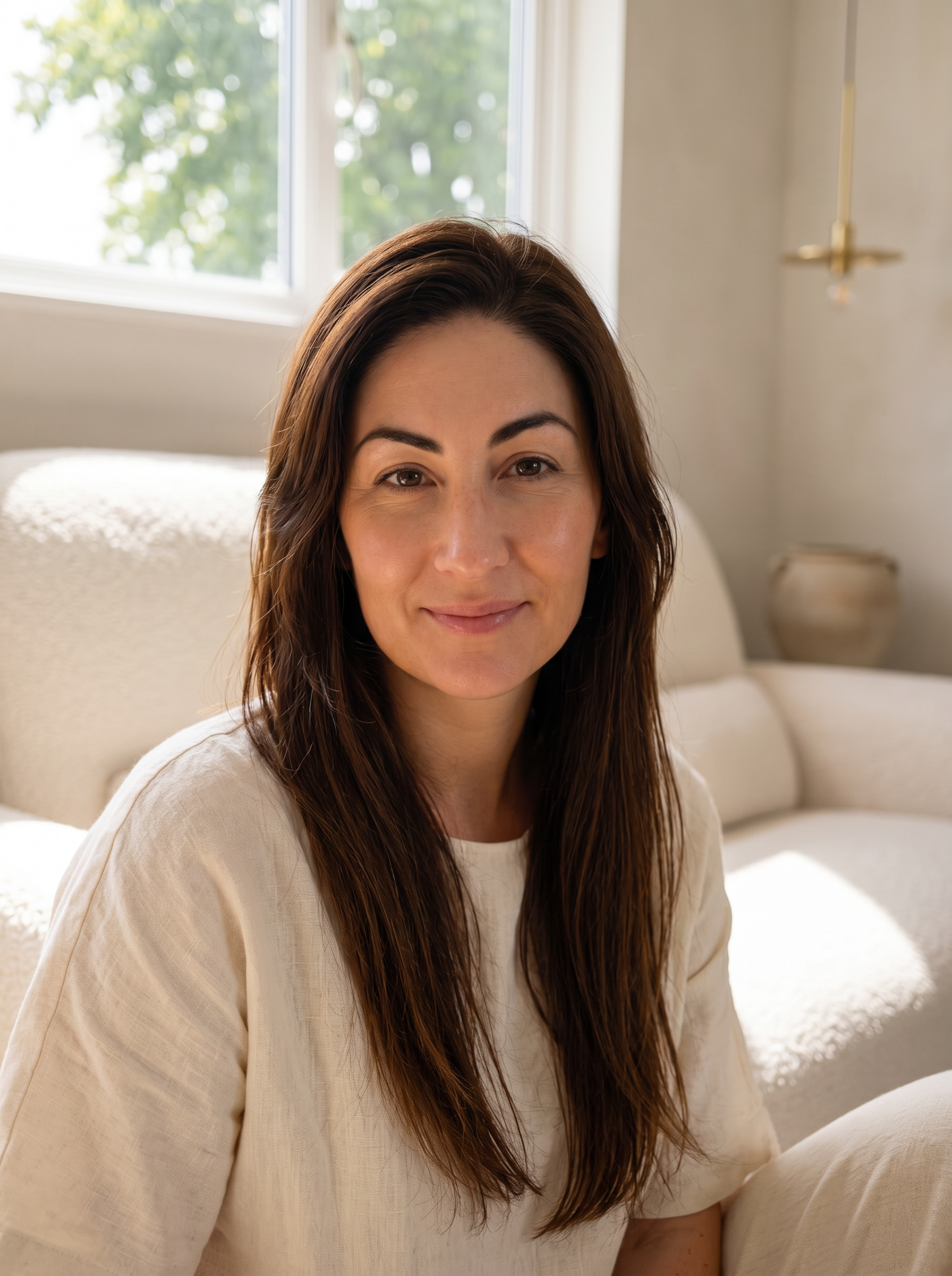 A woman with long brown hair sitting on a cream-colored sofa near a window with green trees outside. She is smiling and wearing a beige shirt.