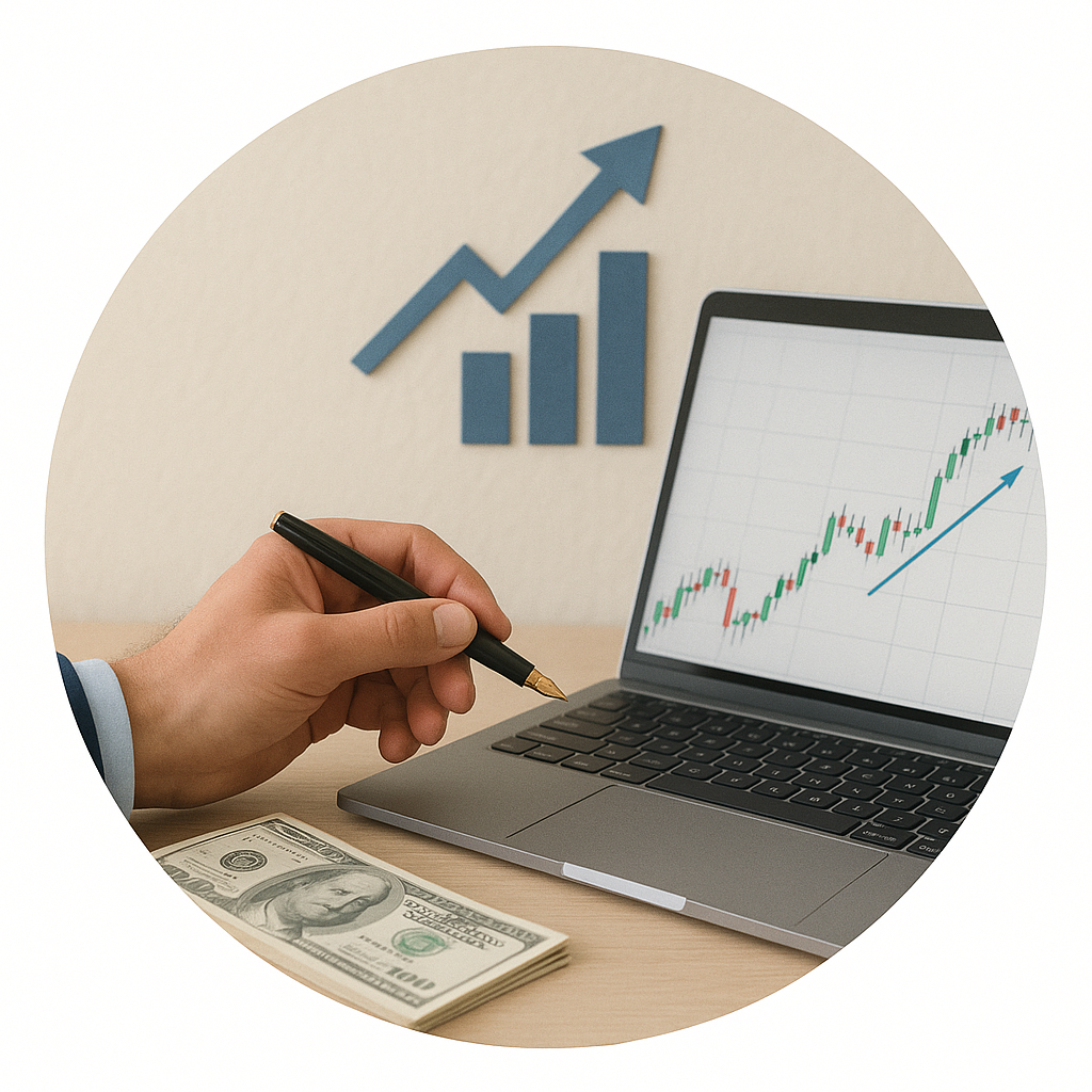 Ein Mann schreibt mit einem Kugelschreiber an einem Laptop, der einen Aktienchart mit einem steigenden Trend zeigt, daneben liegt ein Bündel US-Dollars, im Hintergrund ist eine Grafik mit einem aufsteigenden Pfeil.