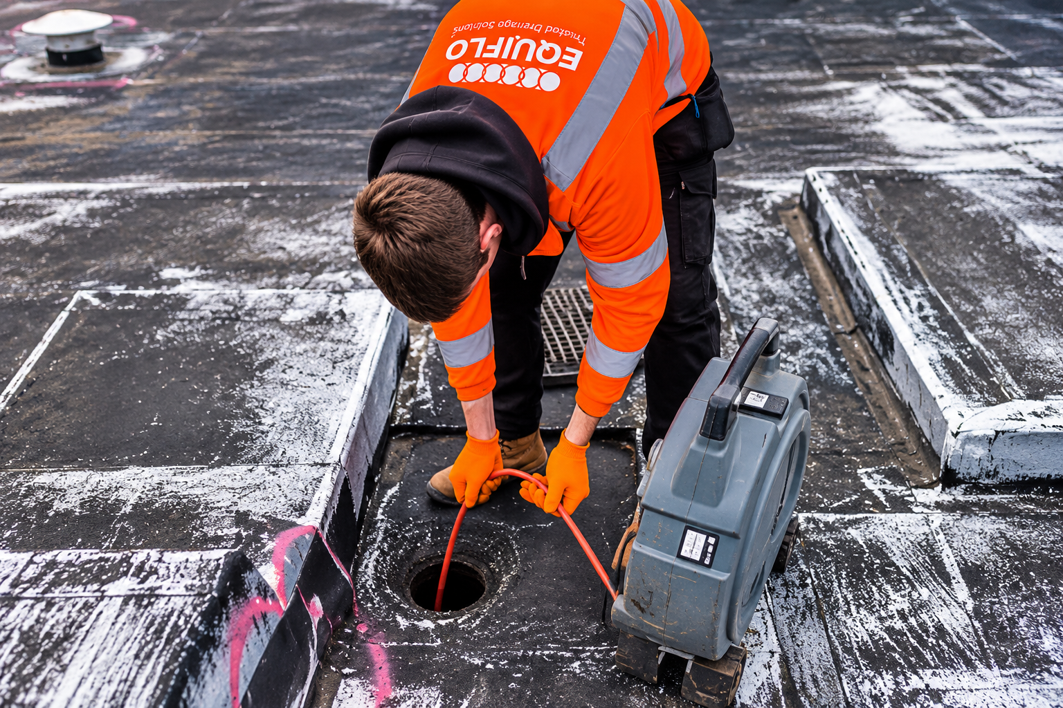 Engineer using flexishaft to clear blockage