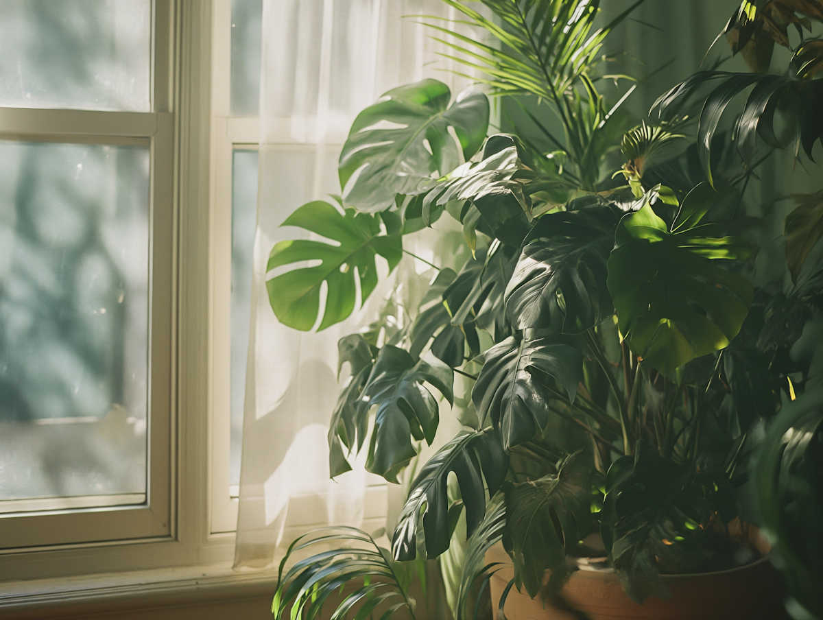 Sunlight streaming through a window illuminating green monstera and palm plants inside a room.