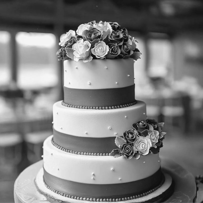A three-tier wedding cake decorated with roses and small edible pearls.
