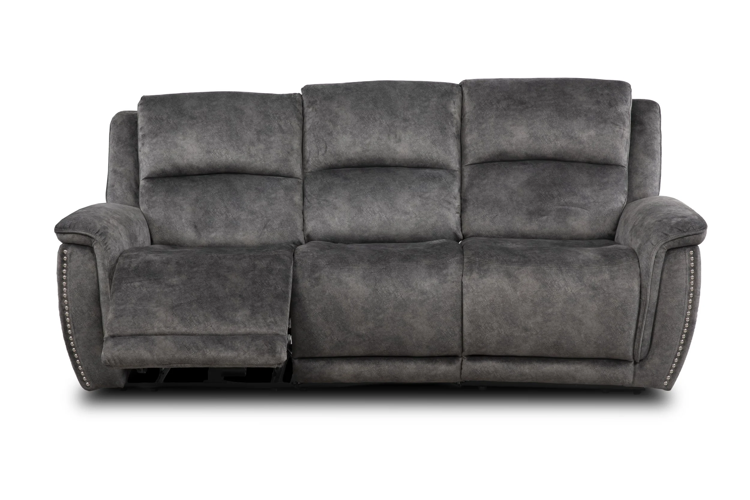 Set of three dark gray upholstered living room sofas and armchair arranged in a row against a white background.