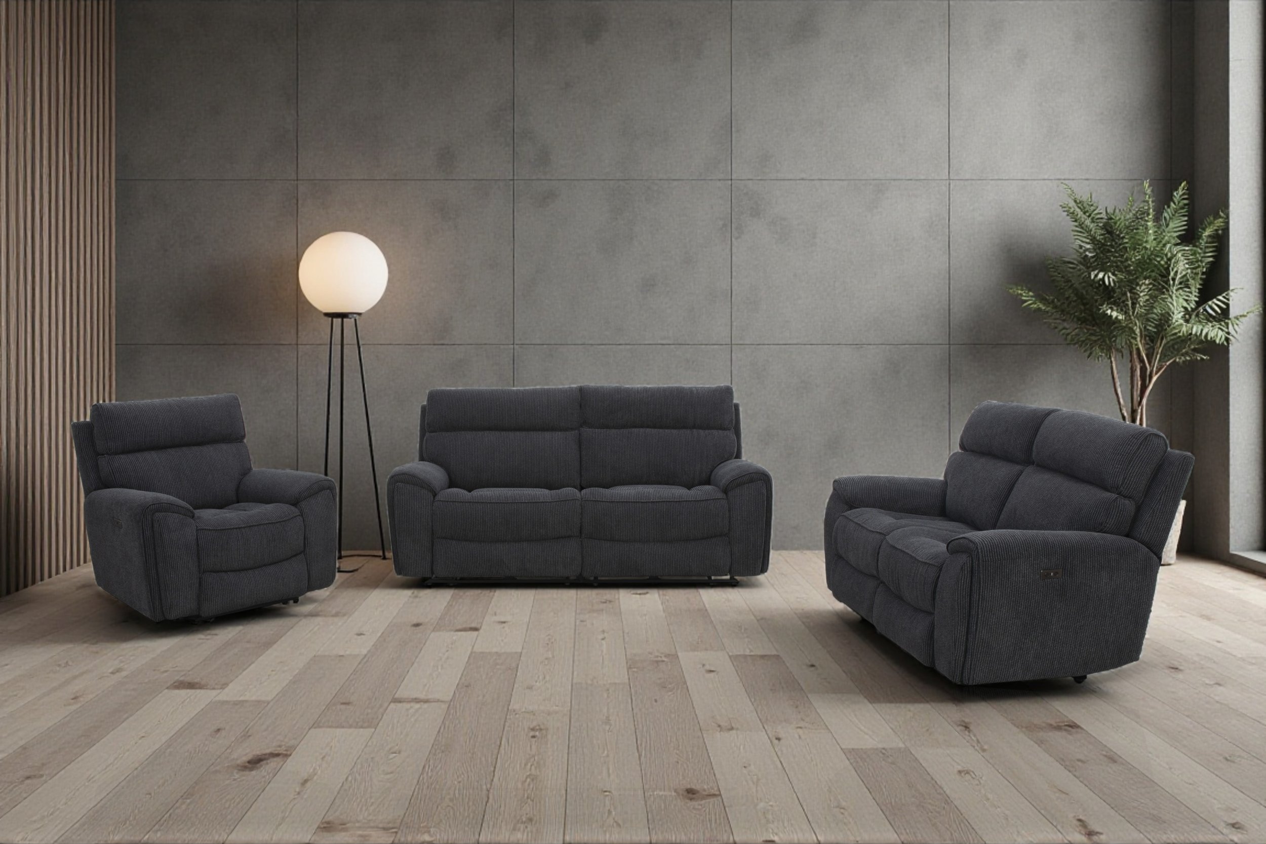 Dark gray upholstered sofa with armrests on each side and two back cushions.