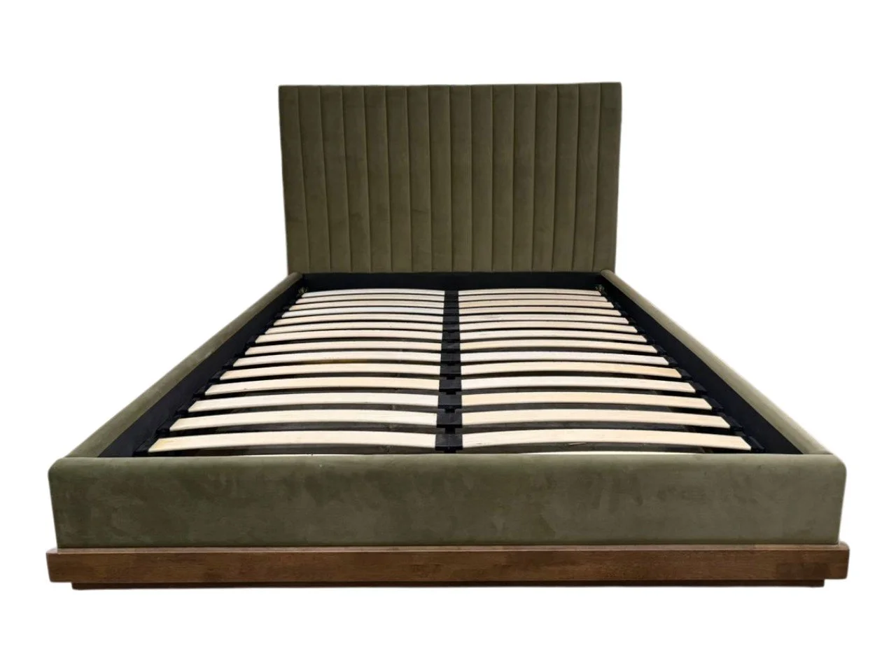 A bed frame with a green upholstered headboard and side rails, and wooden bed slats.