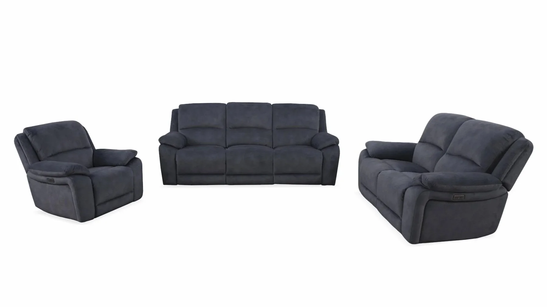 A set of three black upholstered sofas and armchairs arranged against a white background.