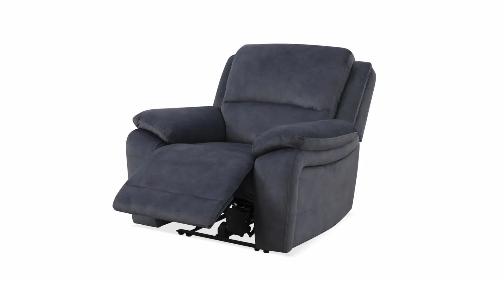 Dark gray recliner chair with footrest extended, cushioned headrest, and plush armrests.