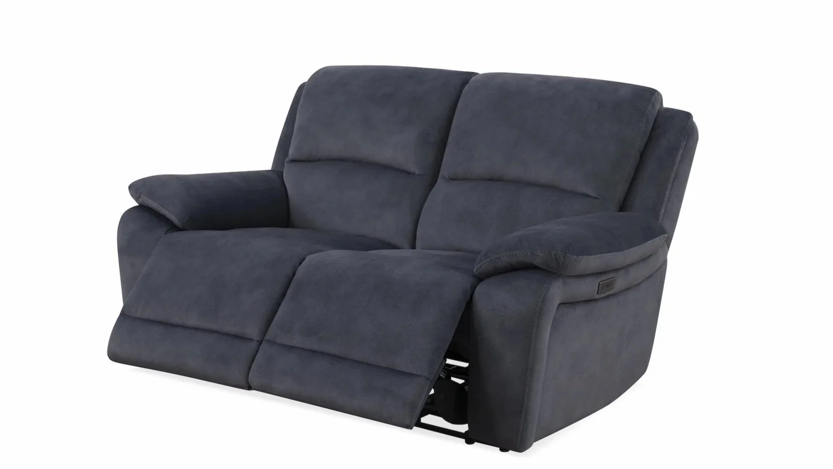 Dark gray 2-seater reclining sofa with plush cushions and built-in armrest on the right side, isolated on white background.