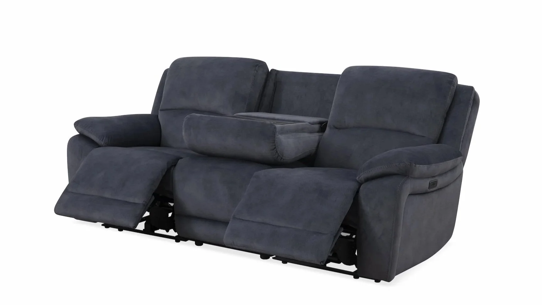 Gray reclining sofa with adjustable footrests and plush cushions, isolated on a white background.