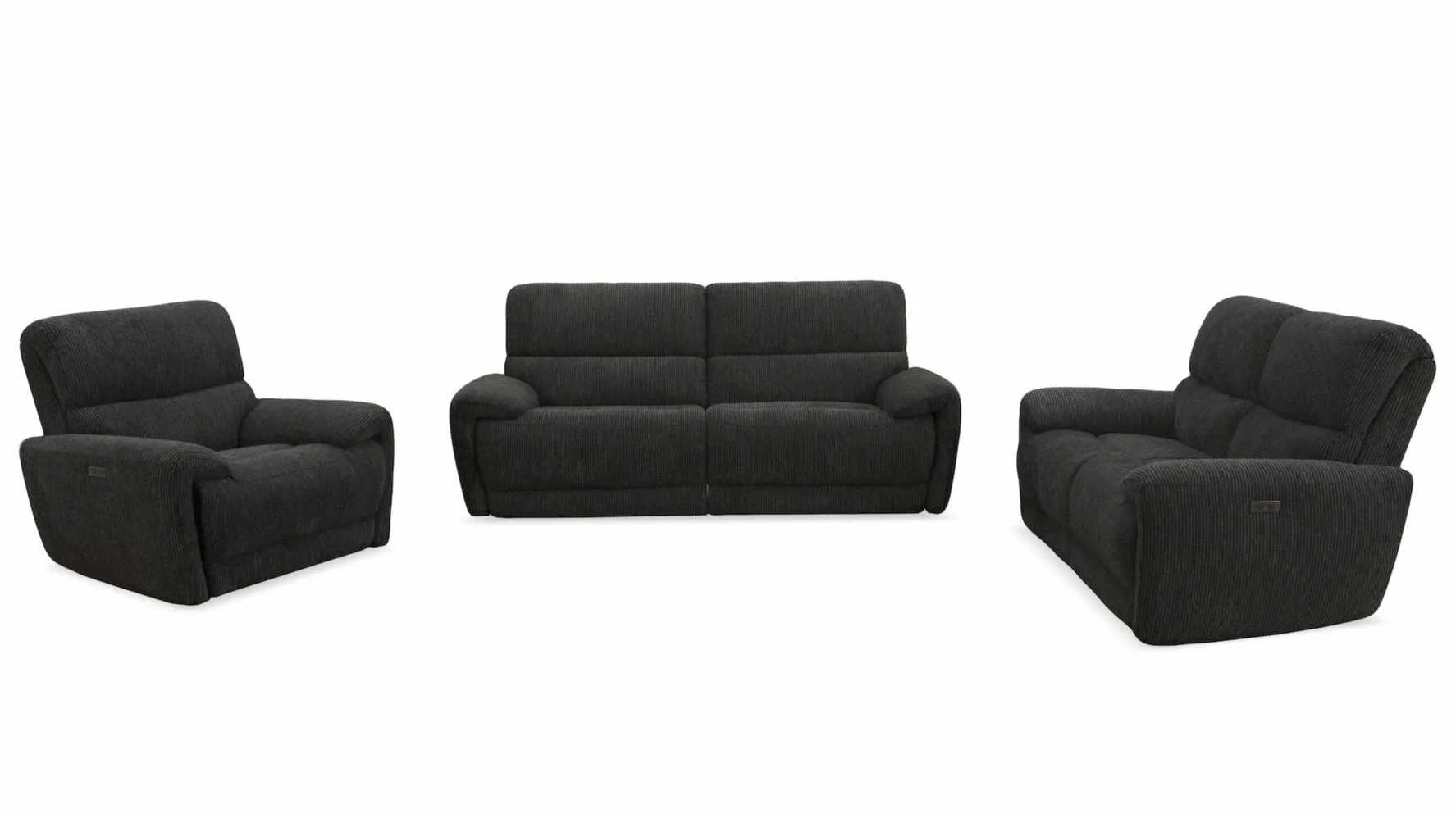 Set of three black upholstered sofas and armchairs, with two armchairs on each side and a sofa in the middle.