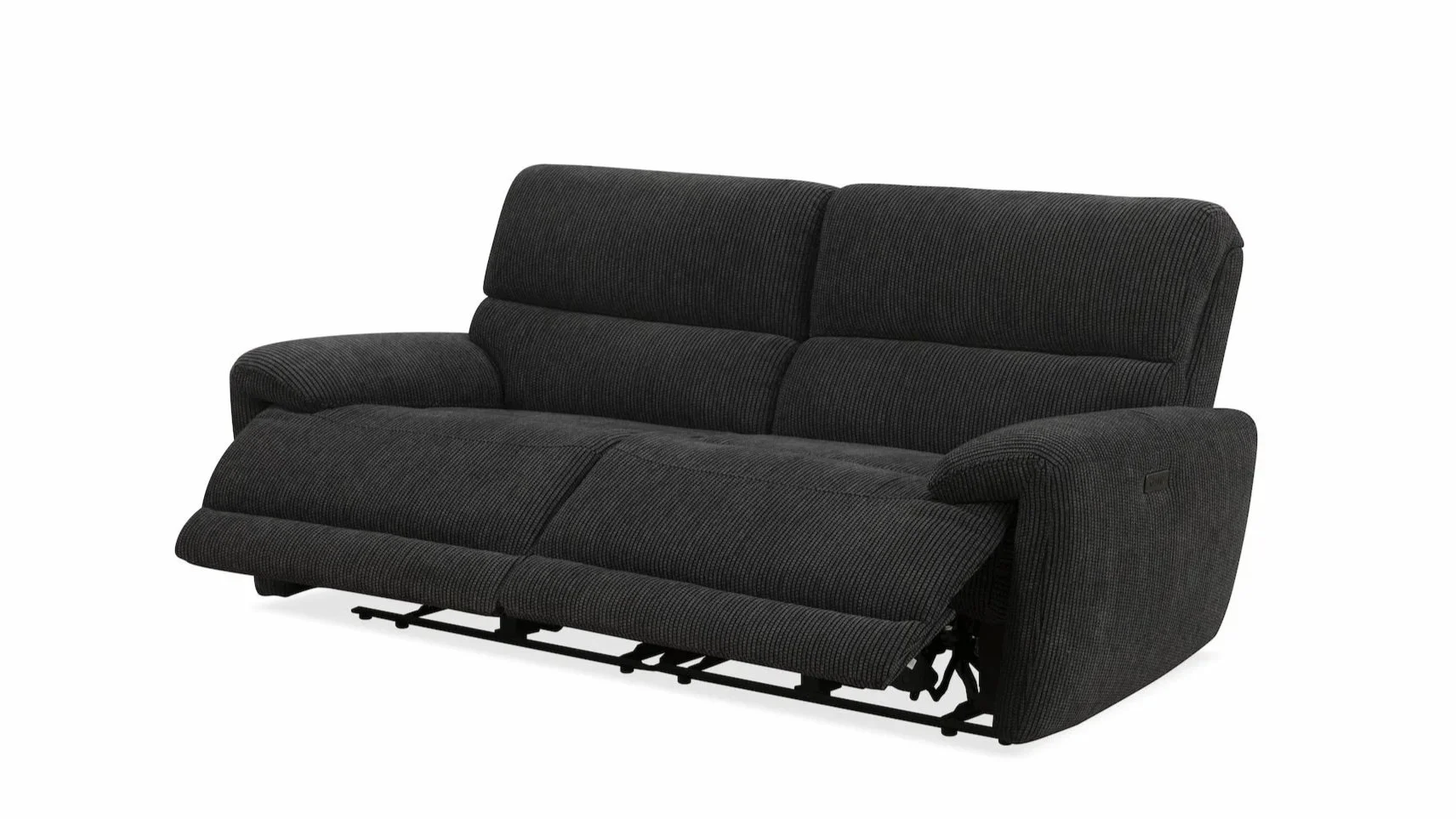 Black fabric upholstered sofa with a reclining feature, partially extended seat, against a white background.