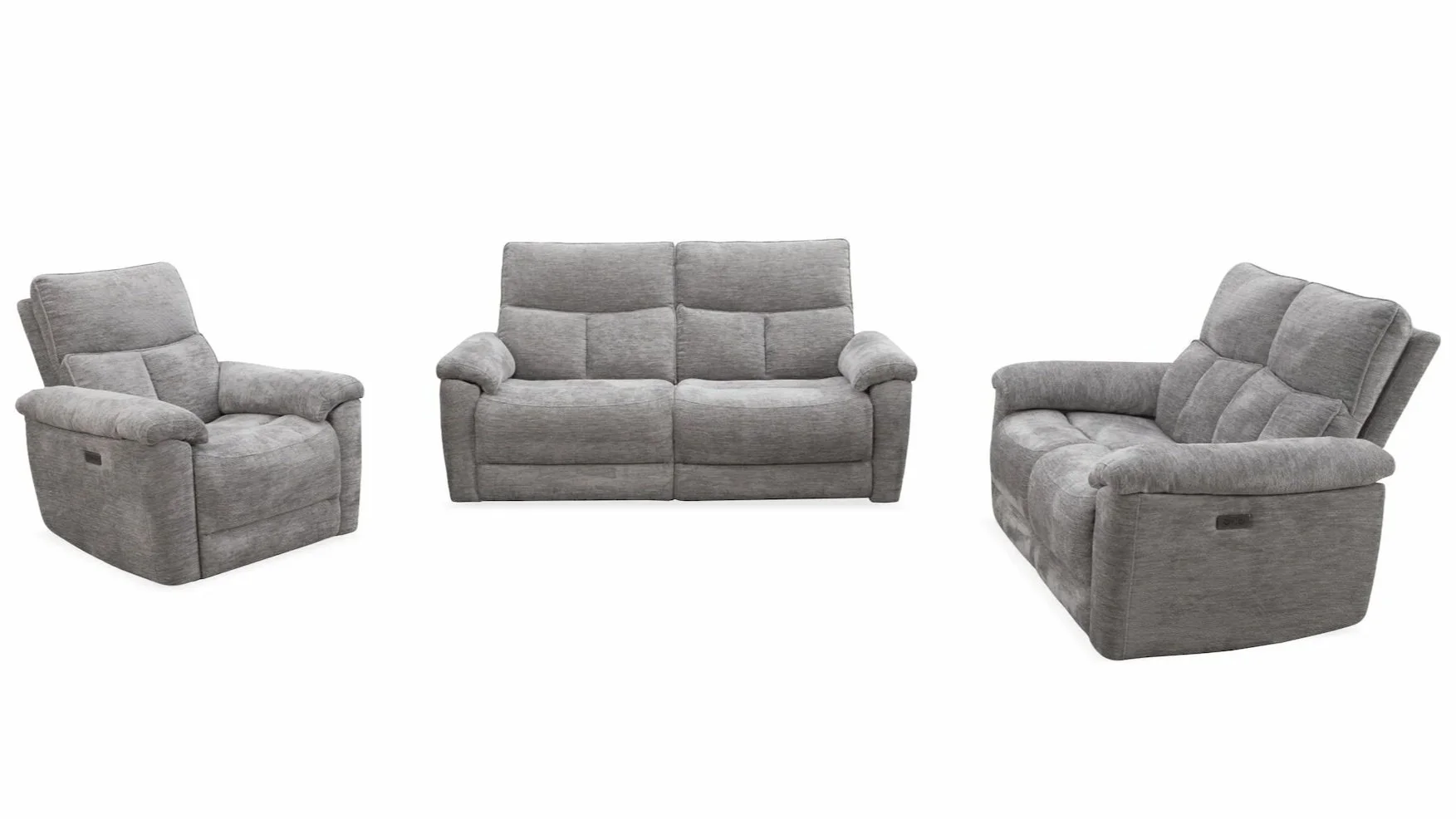 Set of three gray upholstered living room furniture pieces including a two-seater sofa and two armchairs, all with plush cushions and rounded armrests.