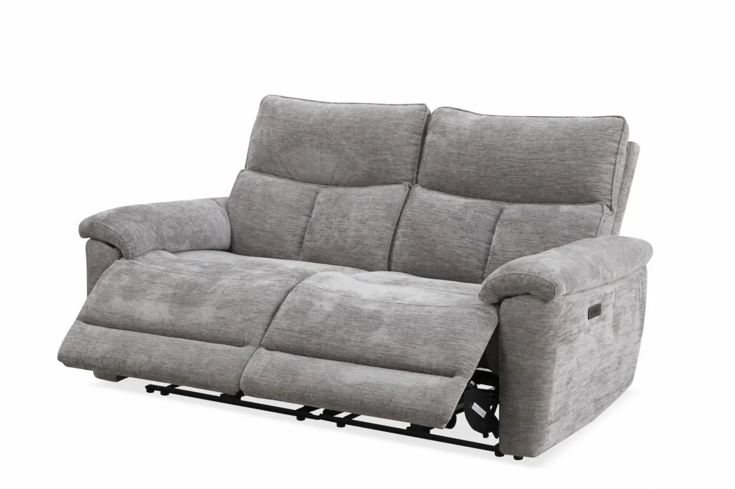 Gray upholstered recliner sofa with one section extended for reclining