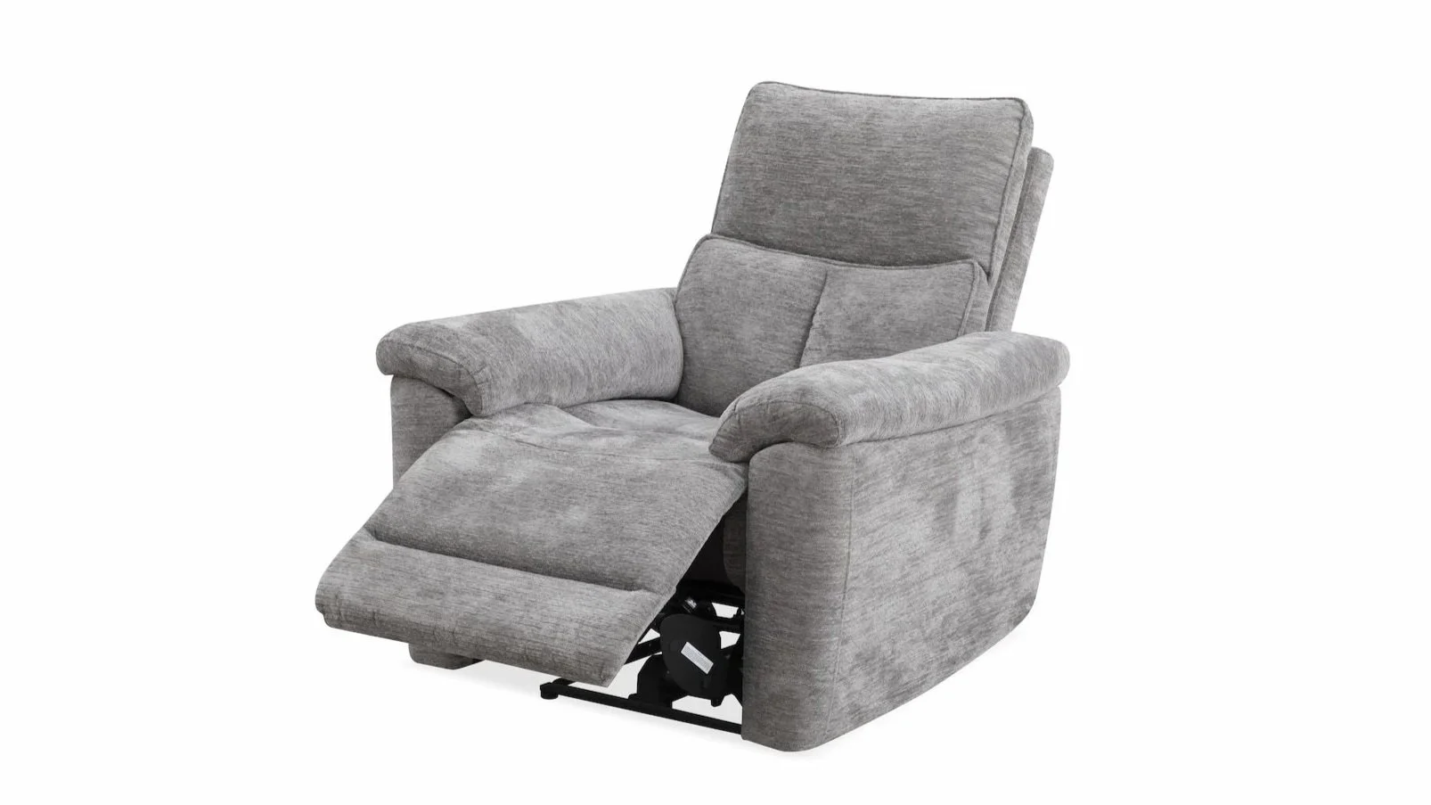 Gray upholstered recliner chair with extended footrest.