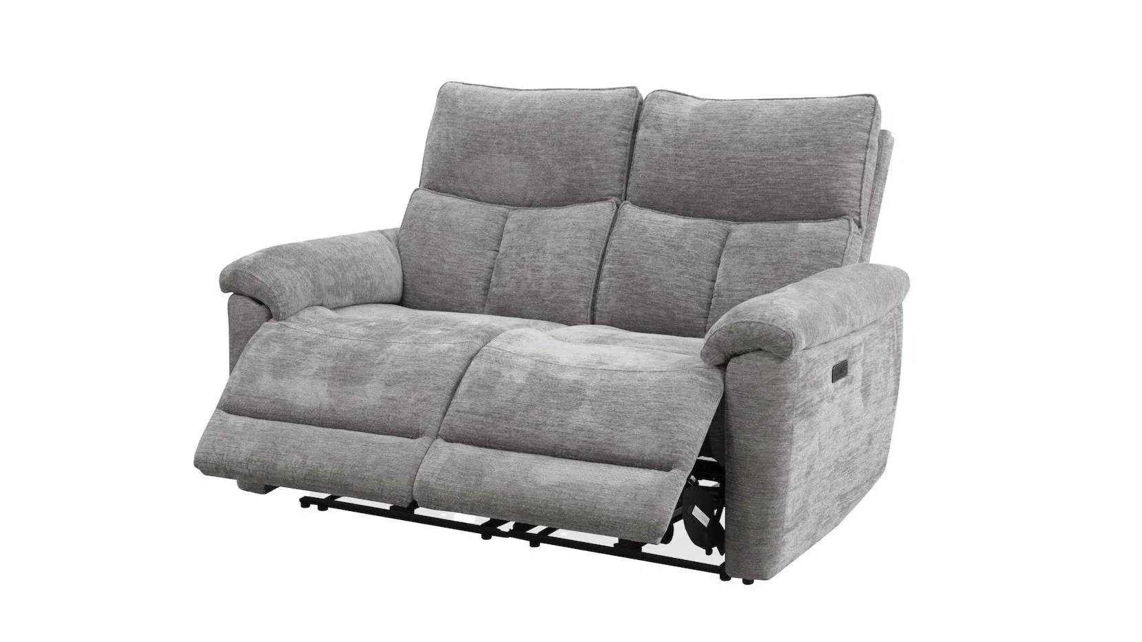 Gray fabric power reclining loveseat with padded armrests and divided back cushions, showing electronic controls on the side