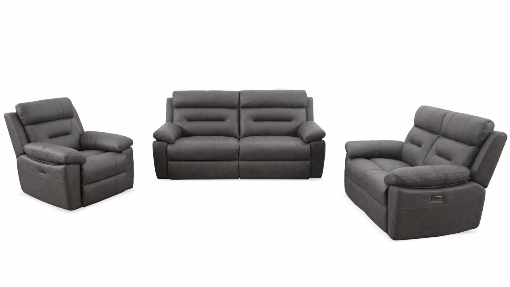 Three dark gray upholstered living room chairs with padded armrests, and a matching sofa, arranged against a white background.