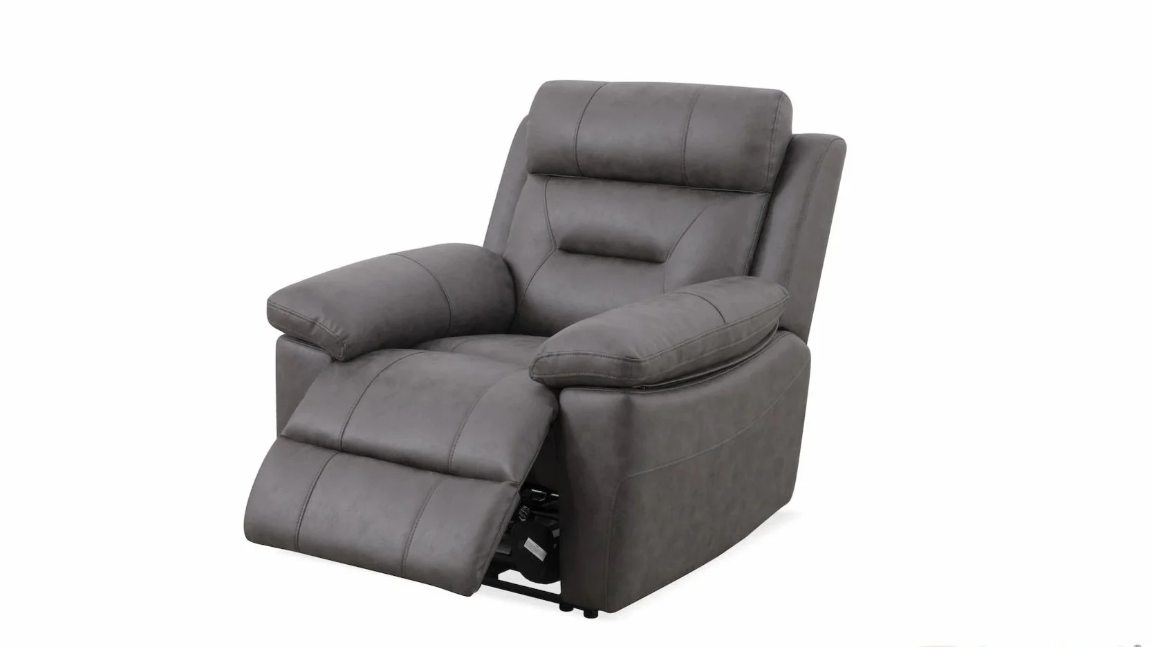 Gray reclining armchair with padded headrest and footrest extended