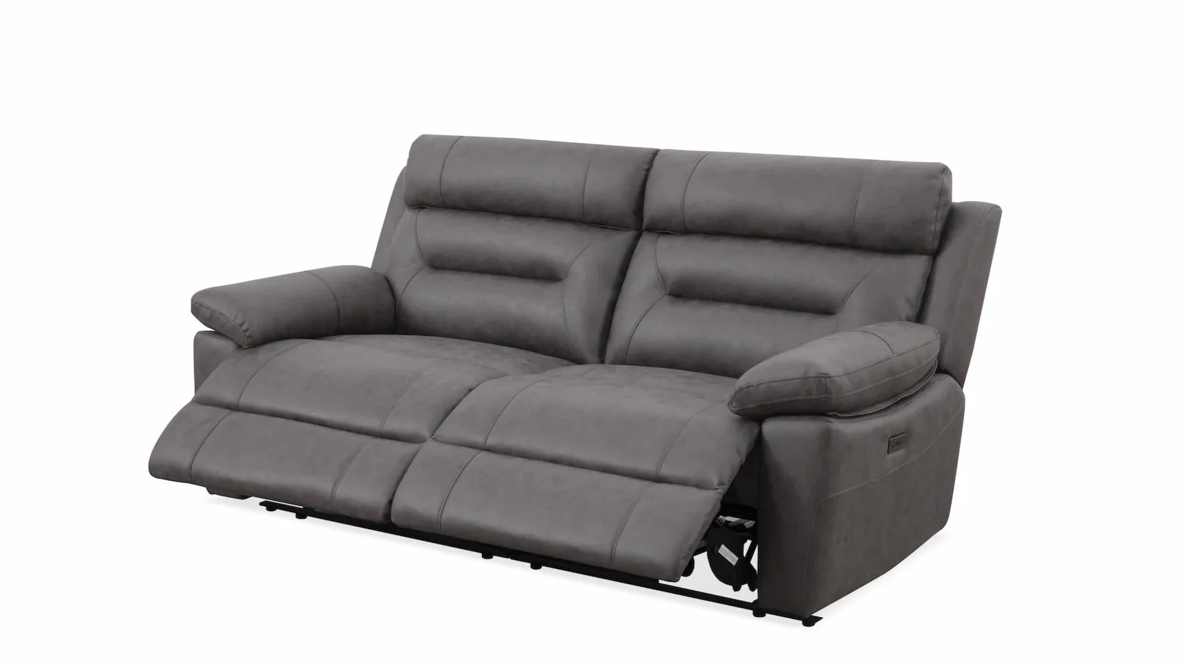 Gray reclining sofa with plush cushions, armrests, and a built-in control on the side, set against a white background.